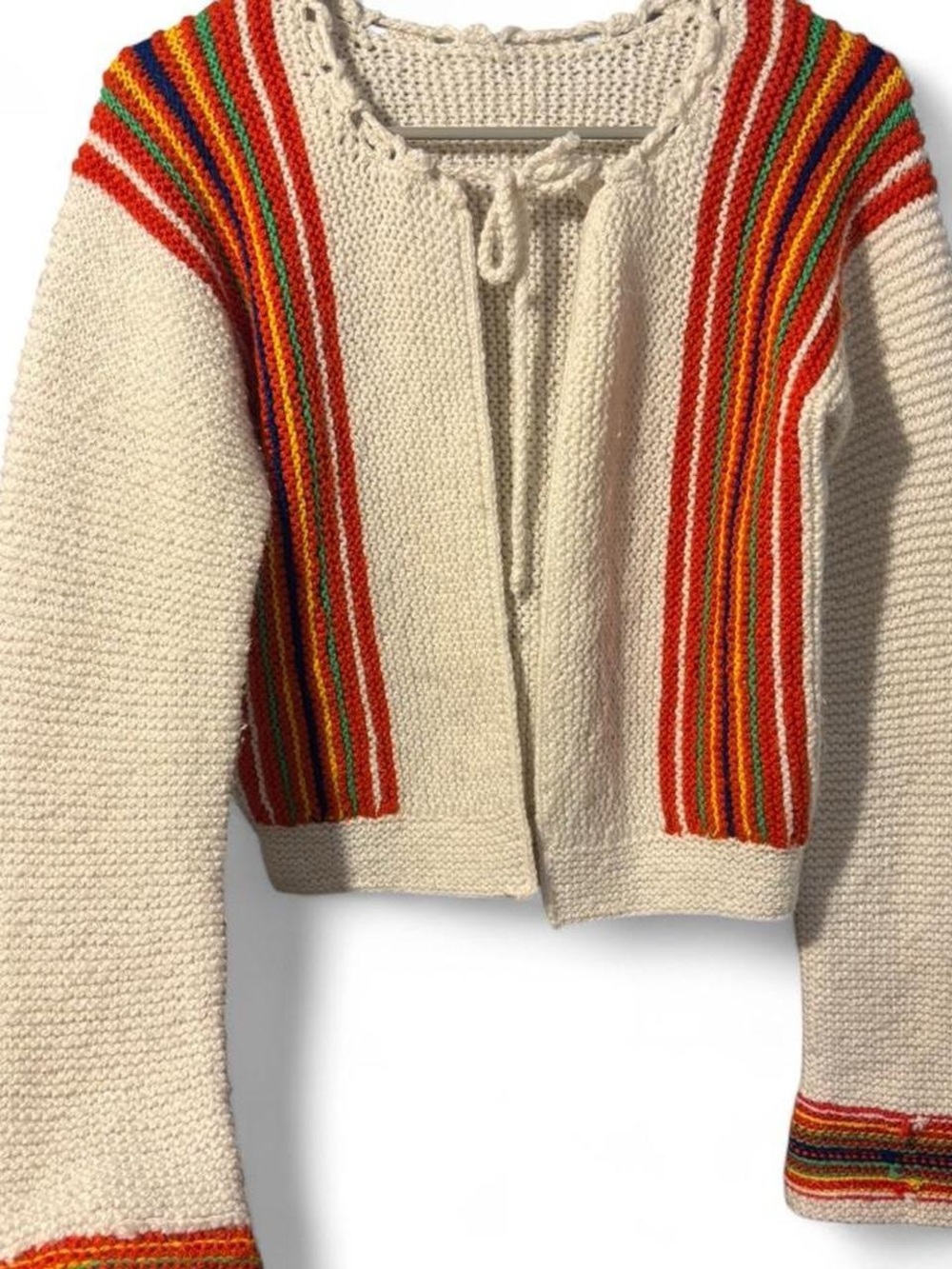 Hand Woven Cream Knit Tie-Front Cardigan with Rainbow Stripe Detailing